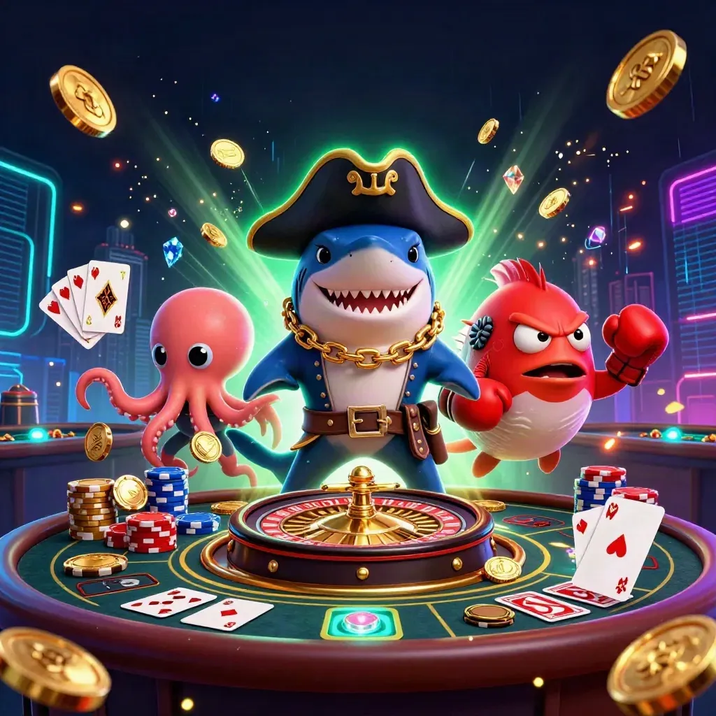 Cartoon pirate shark, boxing pufferfish, and octopus amid casino riches and neon energy.