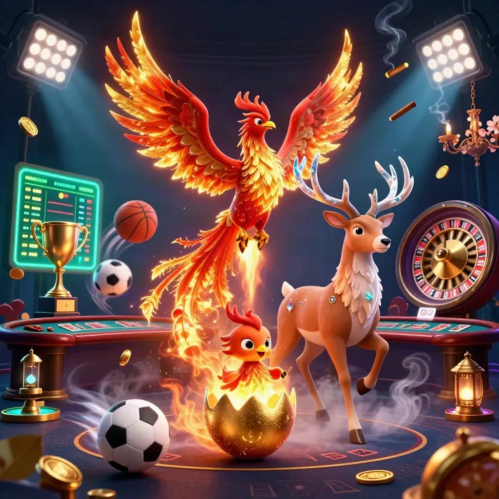 Phoenix, baby phoenix, and crystalline stag amid casino lights, coins, and roulette glow