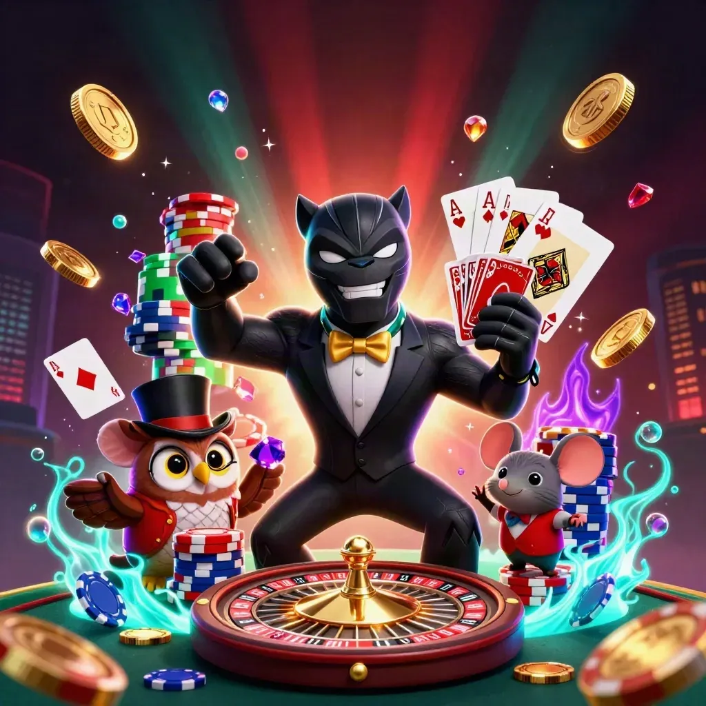 Panther dealer, owl gambler, and lucky mouse amid coins, gems, cards, and chips
