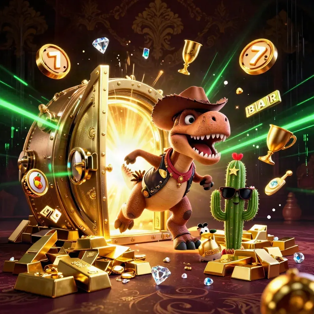 Cowboy T-Rex, cactus sidekick, and sheriff roadrunner burst from a golden vault amid green energy.