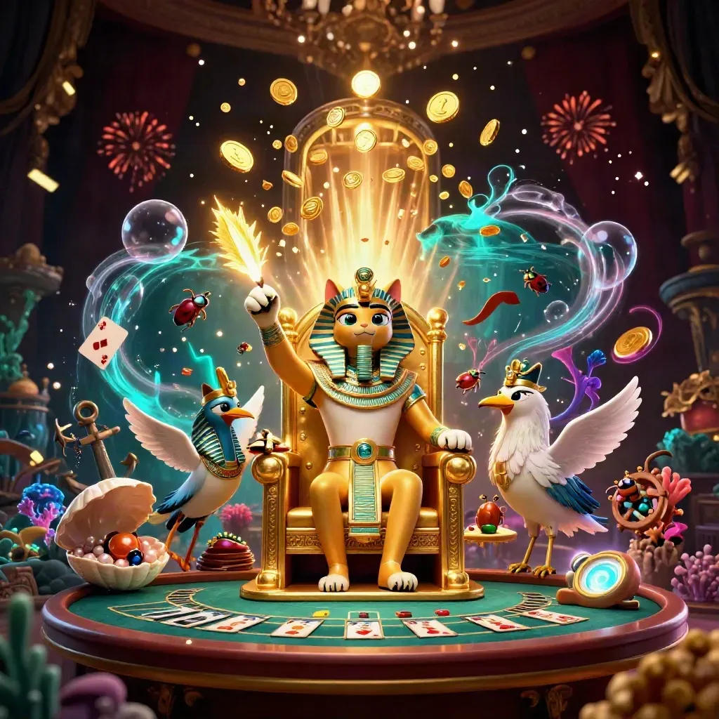 Pharaoh cat on throne, ibis scribe, gem-wing scarabs amid casino treasure and fireworks