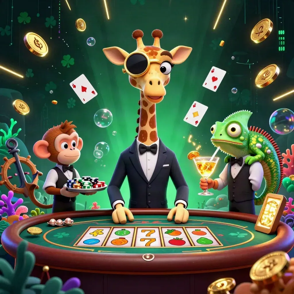 Giraffe, monkey, and chameleon in a neon casino treasure scene